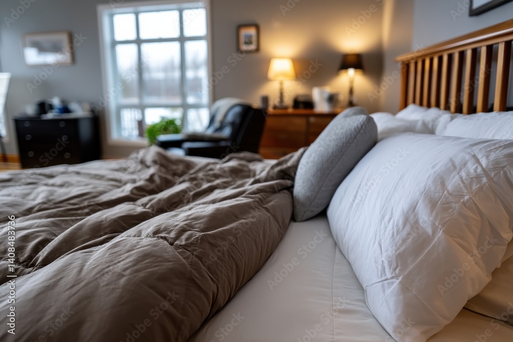 Obraz premium This image showcases a chic bedroom with warm bedding and stylish accents, creating an inviting atmosphere that promotes relaxation and intimacy for a restful retreat.