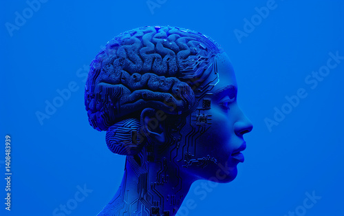 Human head with brain made of circuit board