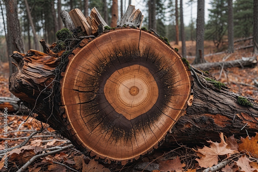 Fototapeta premium Exploring the Annual Rings in Fallen Logs Understanding Aging Features and Circular Structures