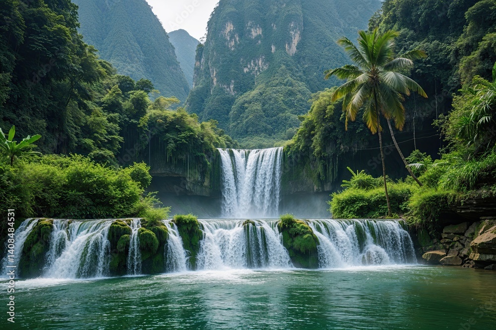 Naklejka premium Explore the Majestic Kuang Si Waterfall Jewel in Lush Laos with Spectacular Green Landscapes and Refreshing Waterfalls