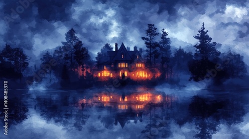 Reflection of mansion on a foggy lake at night with glowing lights