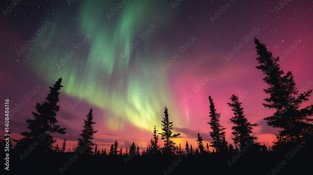 Vibrant aurora borealis display in pink and green hues above a silhouetted coniferous forest under a starry night sky Vibrant aurora borealis display in pink and green hues above a silhouetted coniferous forest under a starry night sky