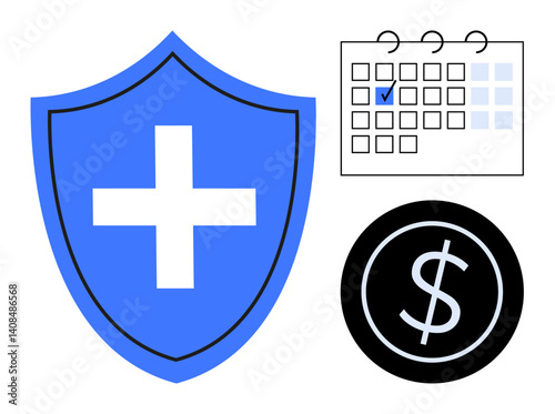 Blue shield with medical cross, calendar with highlighted date, and dollar coin representing health insurance, scheduling, and financial planning. Ideal for healthcare, security, payments, savings
