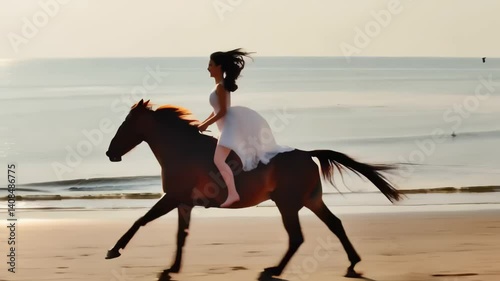 woman riding horse on the beach at sunset