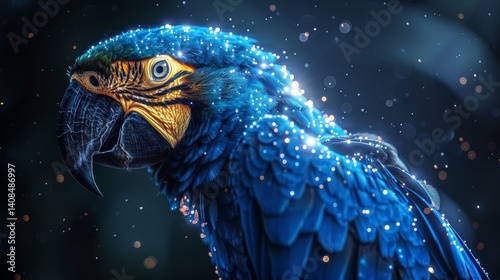 Close-Up on Gorgeous Blue Parrot. Tropical Bird in Rainforest with Rain Drops and Sparks.
