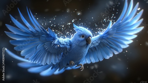 Blue Fantasy Parrot in Flight With Open Wings, Fantasy Artwork, 3D Rendering Illustration.