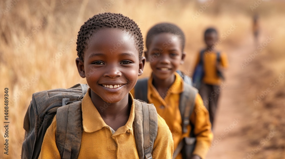 equality education volunteer service concept picture of poor African students walking along dirt path to school at Africa