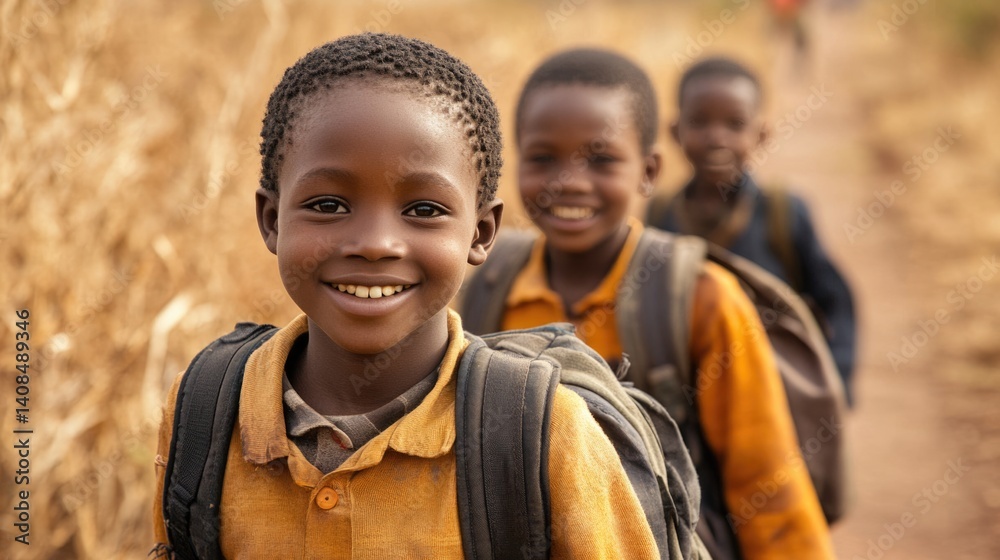 equality education volunteer service concept picture of poor African students walking along dirt path to school at Africa