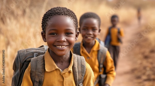 equality education volunteer service concept picture of poor African students walking along dirt path to school at Africa	