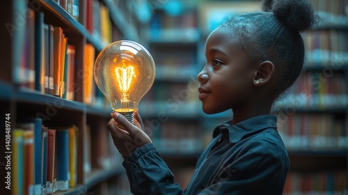 equality education volunteer service concept picture of underprivileged African primary student with glowing light bulb in hand at library bookshelves.	