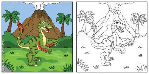 cute cartoon dinosaur velociraptor, funny illustration, coloring book for kids and children.