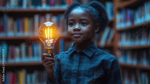 equality education volunteer service concept picture of underprivileged African primary student with glowing light bulb in hand at library bookshelves.	