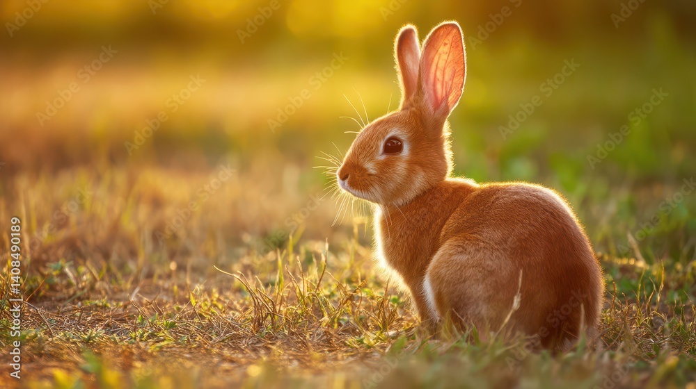 Fototapeta premium Cute rabbit in the sunset light on a field, Easter animal background