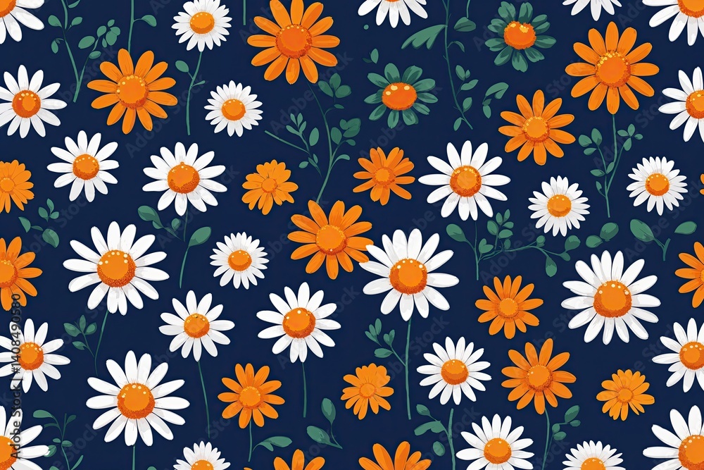 Cheerful Seamless Daisy Pattern with Bright Orange Flowers on Dark Blue Background Cheerful Seamless Daisy Pattern with Bright Orange Flowers on Dark Blue Background