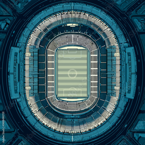 Top-down vector illustration of a modern football stadium with bright lights, rectangular layout, and detailed seating design in a futuristic night setting