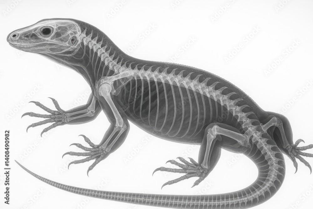 Fototapeta premium X-ray illustration of Komodo dragon (Varanus komodoensis) skeleton on white background — generative AI
