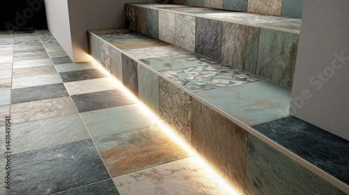 Modern tiled stair with thin lighting edge  