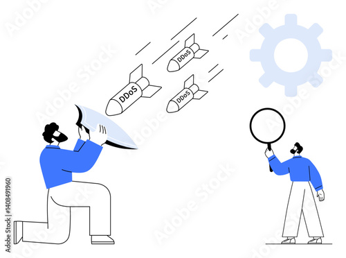 Team with a shield defending against incoming DDOS threats, gear icon symbolizing technology. Ideal for cybersecurity, teamwork, innovation, problem-solving, digital resilience, IT solutions, simple