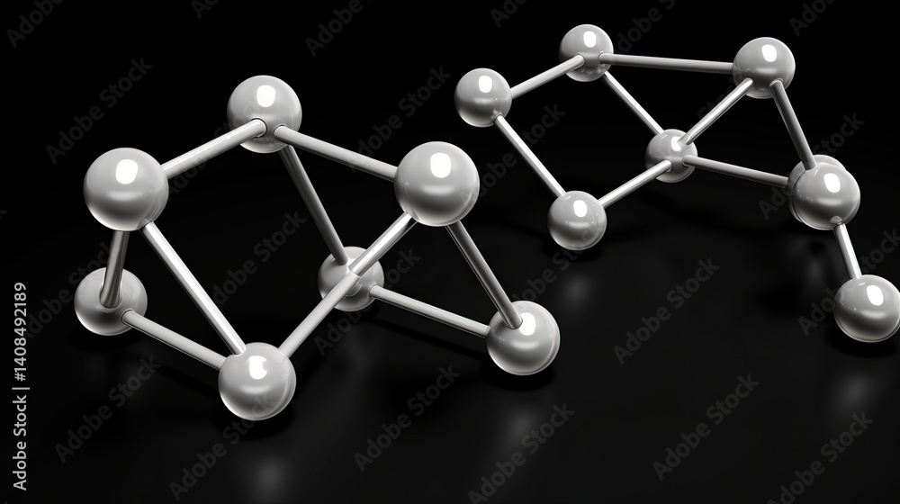 Two molecular structures with silver spheres connected by rods on a dark background surface view Two molecular structures with silver spheres connected by rods on a dark background surface view