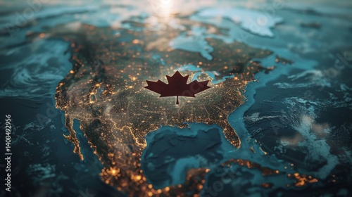 Satellite View Of North America At Night, Canada Highlighted With Glowing Country Shape