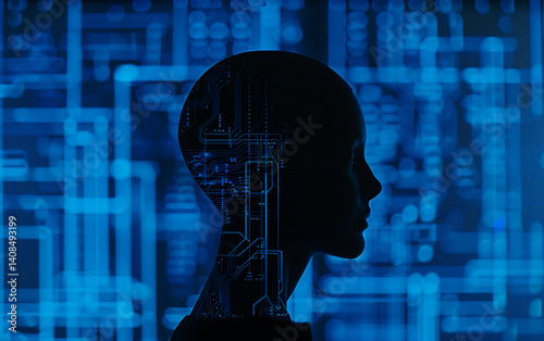Silhouette of a head and shoulders against a blue digital background with circuit board patterns