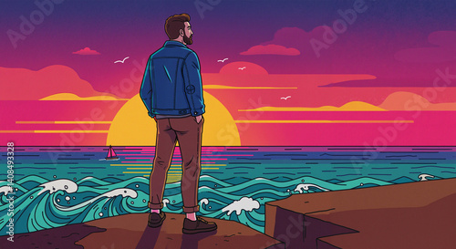 Man gazing at sunset over ocean waves  