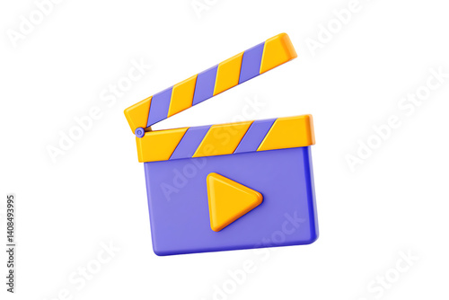 3d movie clapperboard with play button icon on transparent background