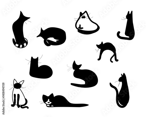 Set of black,black and white cats. Collection of silhouette of funny cats in different poses.Doodle illustration
