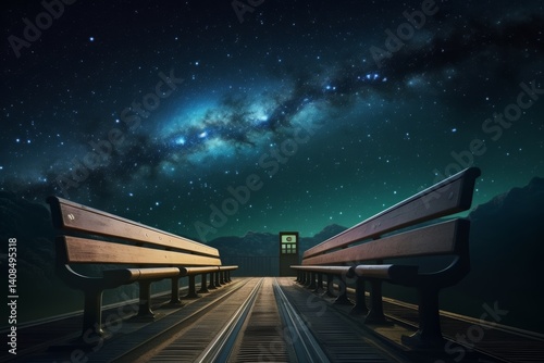 A quiet train platform floating in space, lonely bench under galaxy sky 
