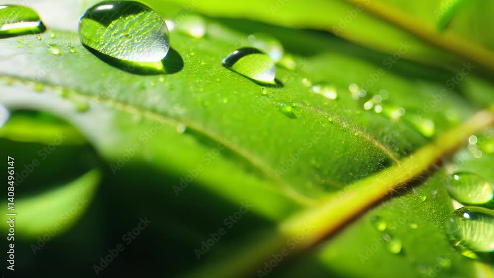 Ultra close-up video of dew drops sliding off vibrant green leaves, emphasizing every second detail and texture with a shallow depth of field