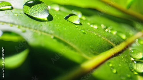 Ultra close-up video of dew drops sliding off vibrant green leaves, emphasizing every second detail and texture with a shallow depth of field