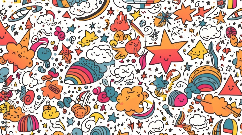 Fototapeta premium Fun Cartoon Doodle Pattern with Stars, Clouds and Smiling Characters