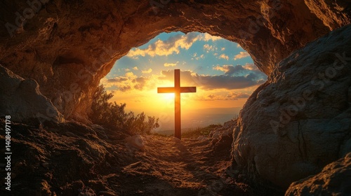 The serene and mystical sunset view of a wooden cross from within a cave, casting long shadows and creating a peaceful, contemplative mood
