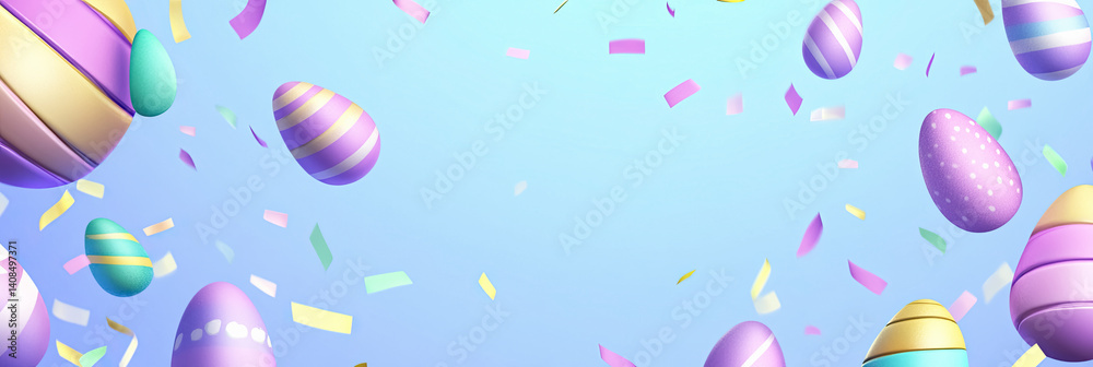 Fototapeta premium Celebrate Easter with colorful eggs and confetti in a vibrant flat illustration