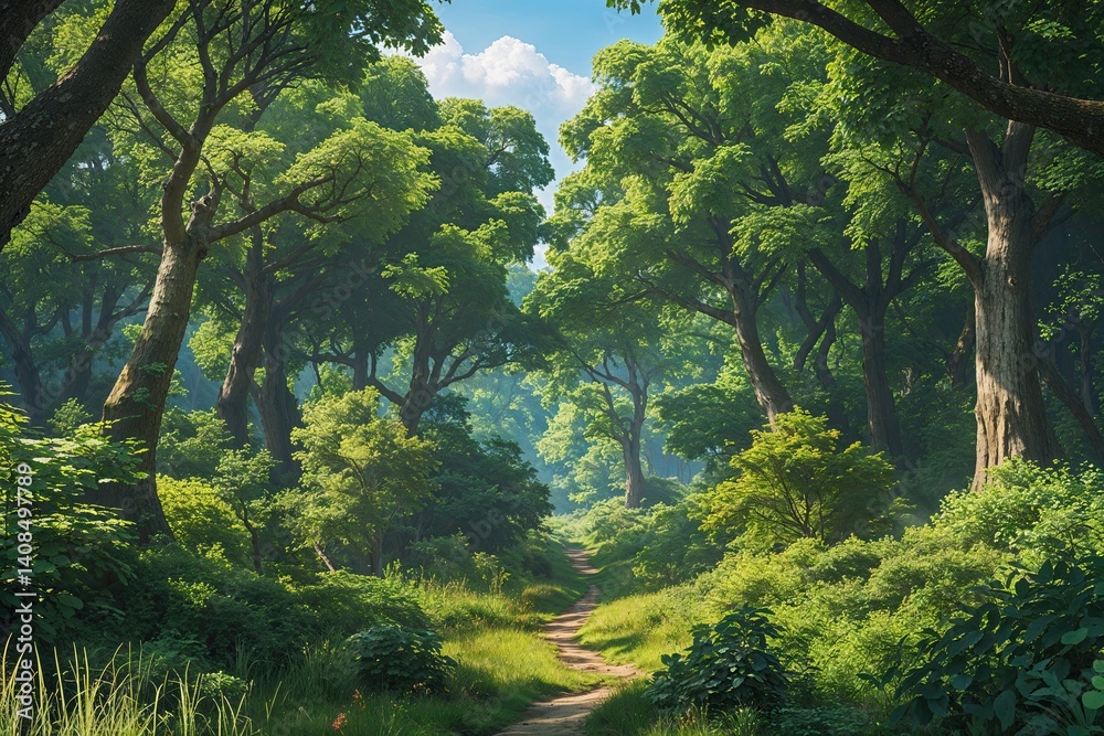 Fototapeta premium Vibrant Summer Adventure Trails Amidst Lush Trees and Dense Thickets