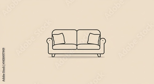 Flat vector icon of a sofa with two pillows and minimal shadow under the legs.
