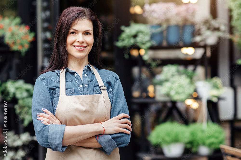Meeting client and work of seller gardener in flower studio, opening store after covid-19 pandemic. Smiling confident millennial woman in apron with crossed arms near shop with plants, empty space Meeting client and work of seller gardener in flower studio, opening store after covid-19 pandemic. Smiling confident millennial woman in apron with crossed arms near shop with plants, empty space