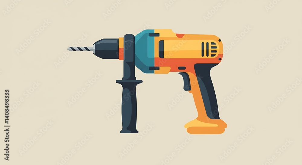 Flat vector icon of an electric drill with visible trigger and drill bit, acute angle and flat colors Flat vector icon of an electric drill with visible trigger and drill bit, acute angle and flat colors