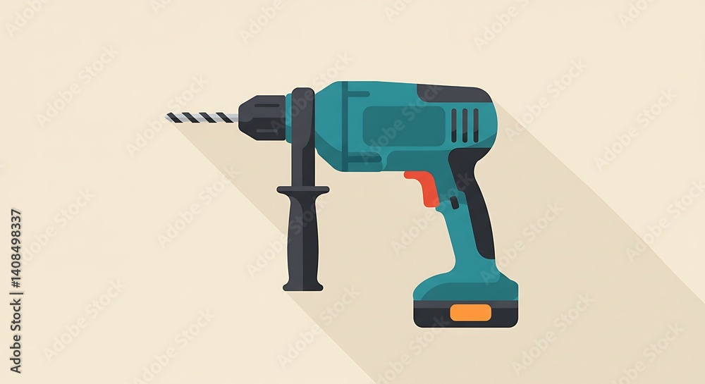 Flat vector icon of an electric drill with visible trigger and drill bit, acute angle and flat colors Flat vector icon of an electric drill with visible trigger and drill bit, acute angle and flat colors