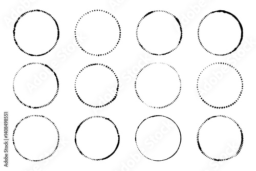 Set of grunge circle stamps. Abstract textured ink shapes, distressed dotted circles, vintage hand drawn frames. Vector round line elements with smudged edges.