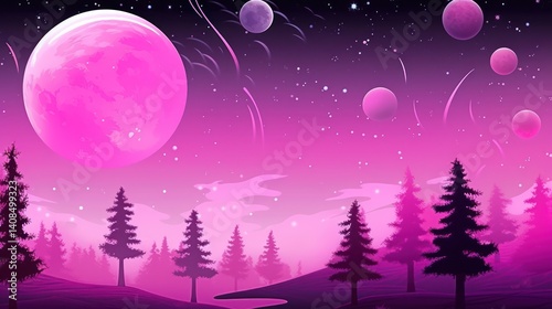 Dreamy Pink Planetscape with Pine Trees and Shooting Star Trails