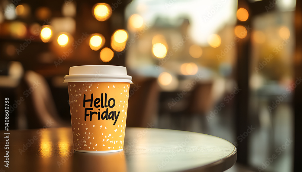 Naklejka premium Hello friday coffee cup AI generated. hello friday coffee cup stand on table