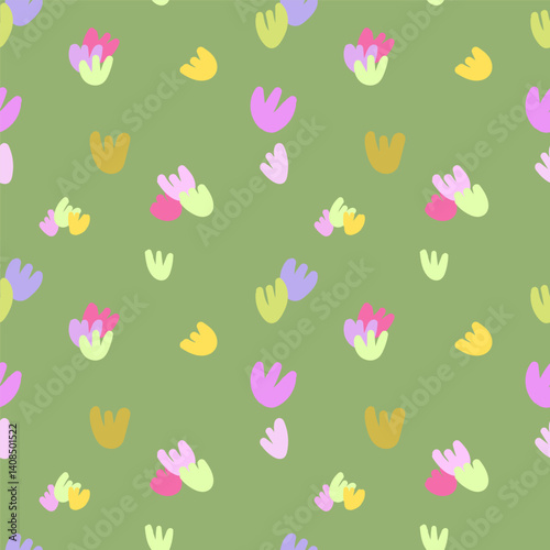 Bright floral pattern, doodle pattern on green background.Vector children doodle style flower seamless pattern wallpaper background
