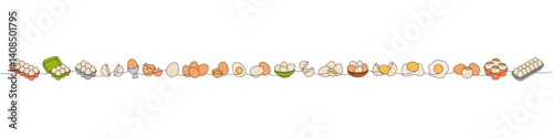 Organic farm eggs one line colored continuous drawing. Boiled eggs, broken eggshell, omelette, protein and yolk. Vector illustration