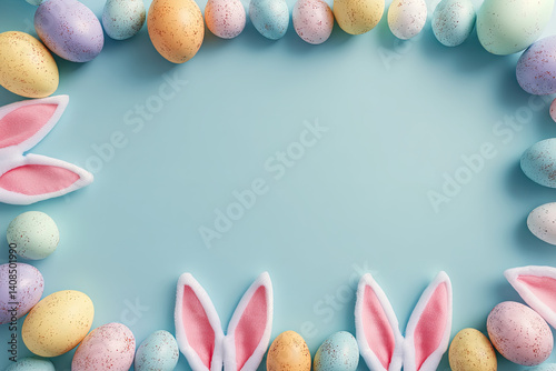 Colorful Easter eggs arranged in a playful border on a soft blue background, evoking festive cheer