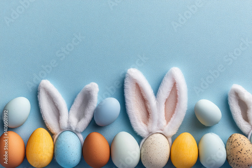 Colorful Easter eggs arranged with bunny ears on a blue background, symbolizing spring festivities