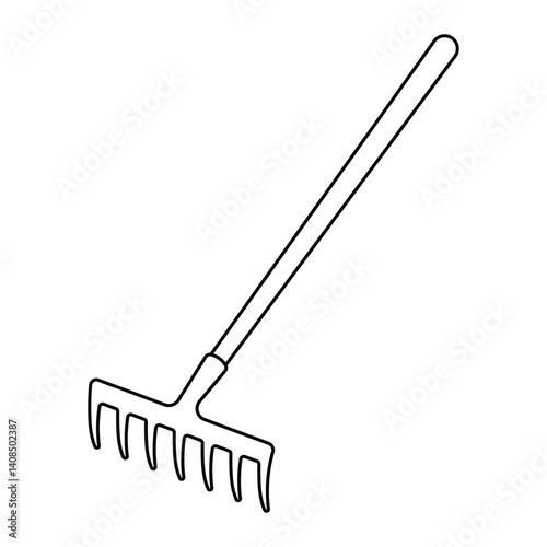 Garden rake vector illustration. Hand-drawn doodle style landscaping tool with long handle. Black line art isolated on white background.