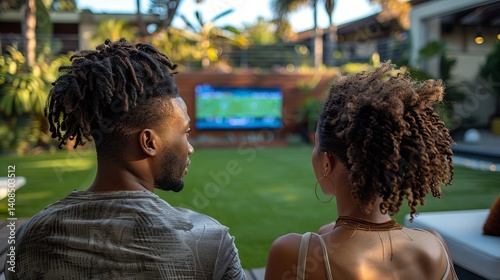 Couple Watching Sports on TV Outdoors, Enjoying Quality Time Together in Their Backyard.