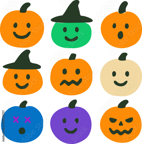 Cute and spooky pumpkins in a naive modern style with bright colors and neon accents. Perfect for Halloween cards, kids design, decorations, and seasonal creative projects.