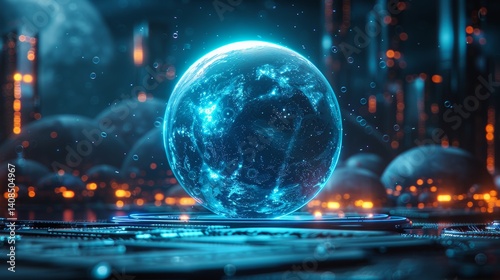 Futuristic Cityscape at Night with Glowing Orb Displaying Earth Hologram, Technology Concept